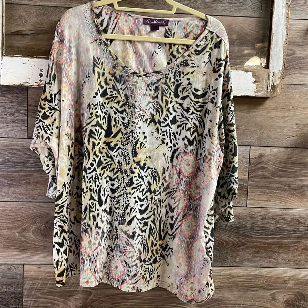 Gloria Vanderbilt Womens Animal Print Rhinestone 3/4 Sleeve Top Sz 2X Tan Brown